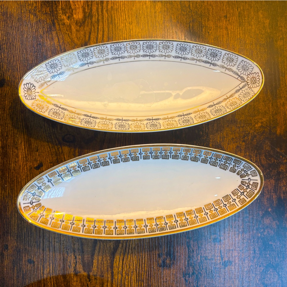 Two Vintage MCM Deco Royal Carlton Ceramic Relish Dishes with Gold Detail